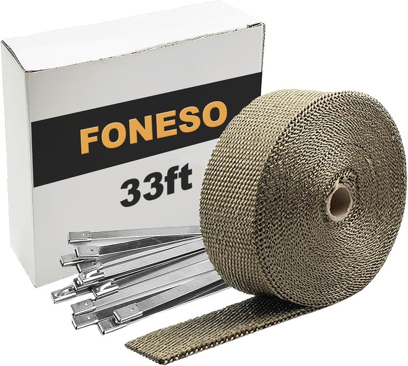 Foneso Exhaust Heat Wrap, 2in x 33ft Titanium Exhaust Muffler Tape Fiberglass Heat Shield Header Wrap for Car Motorcycle Pipes with 10 Pcs Stainless Steel Ties - Image 1